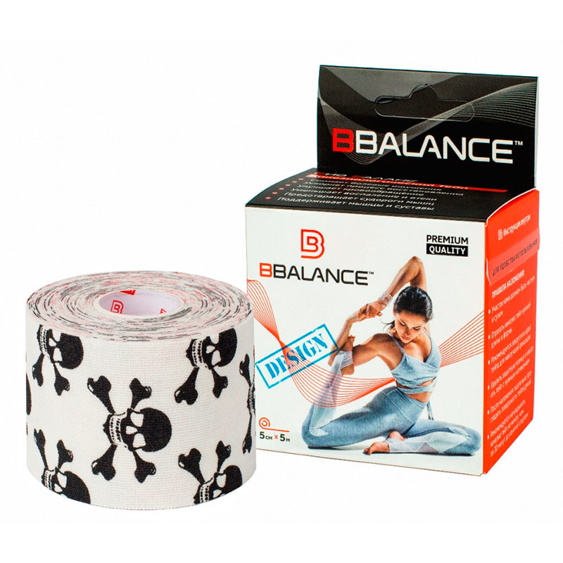 Кинезио тейп Bio Balance Tape 5см х 5м белый/черные черепа.